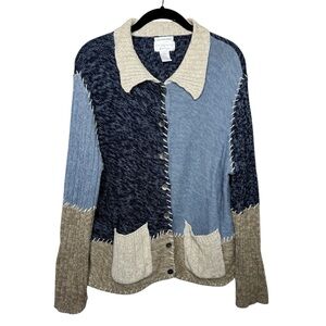 CHRISTOPHER & BANKS / blue tan patchwork hand embroidered cardigan sweater / L